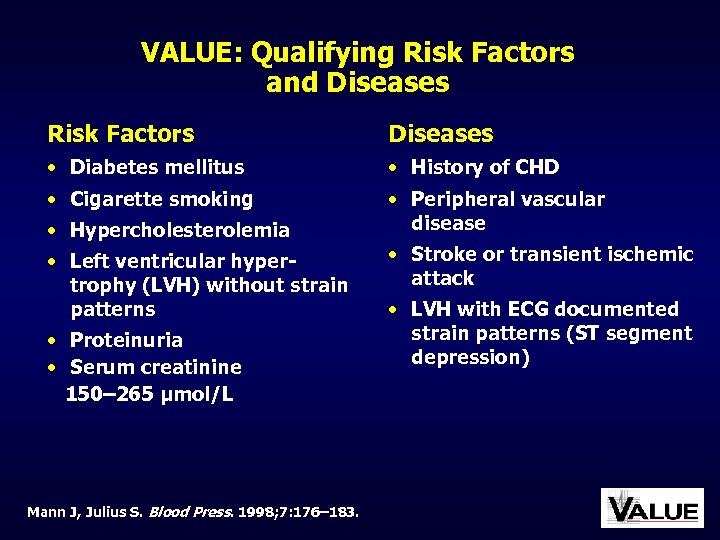 VALUE: Qualifying Risk Factors and Diseases Risk Factors Diseases • Diabetes mellitus • History