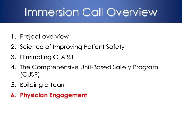 Immersion Call Overview 1. Project overview 2. Science of Improving Patient Safety 3. Eliminating