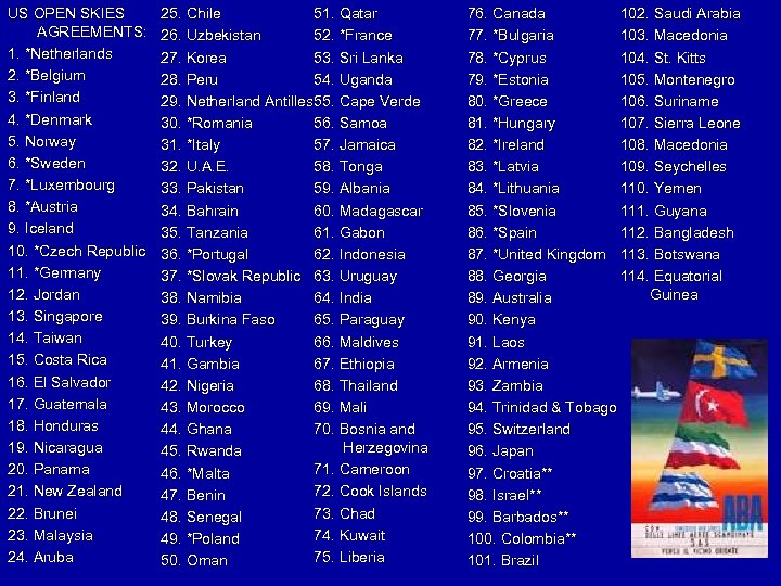 US OPEN SKIES AGREEMENTS: 1. *Netherlands 2. *Belgium 3. *Finland 4. *Denmark 5. Norway