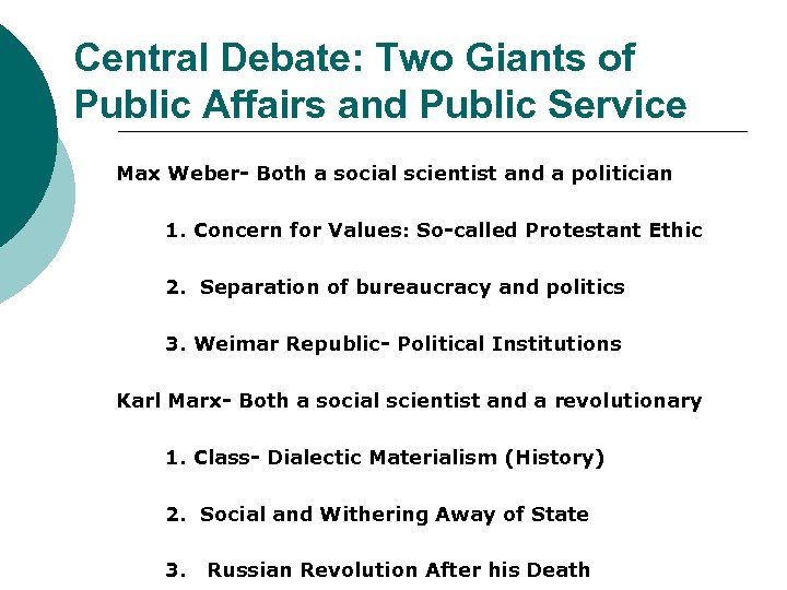 Central Debate: Two Giants of Public Affairs and Public Service Max Weber- Both a