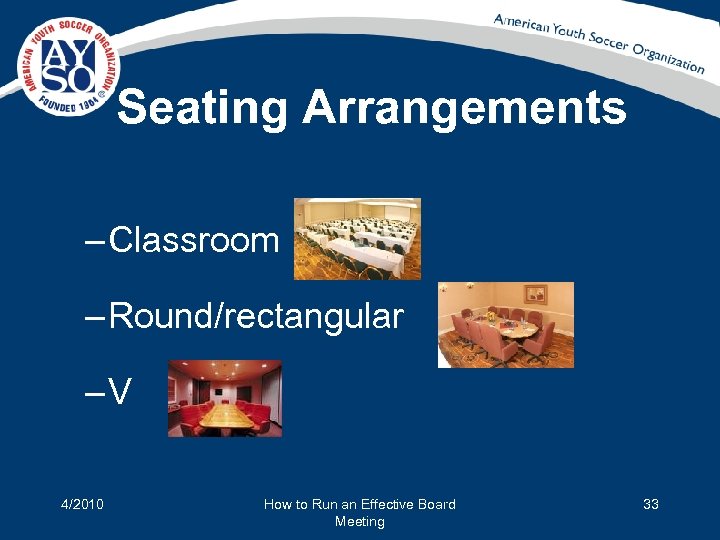 Seating Arrangements – Classroom – Round/rectangular –V 4/2010 How to Run an Effective Board