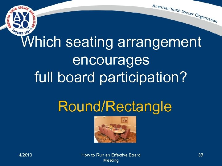 Which seating arrangement encourages full board participation? Round/Rectangle 4/2010 How to Run an Effective