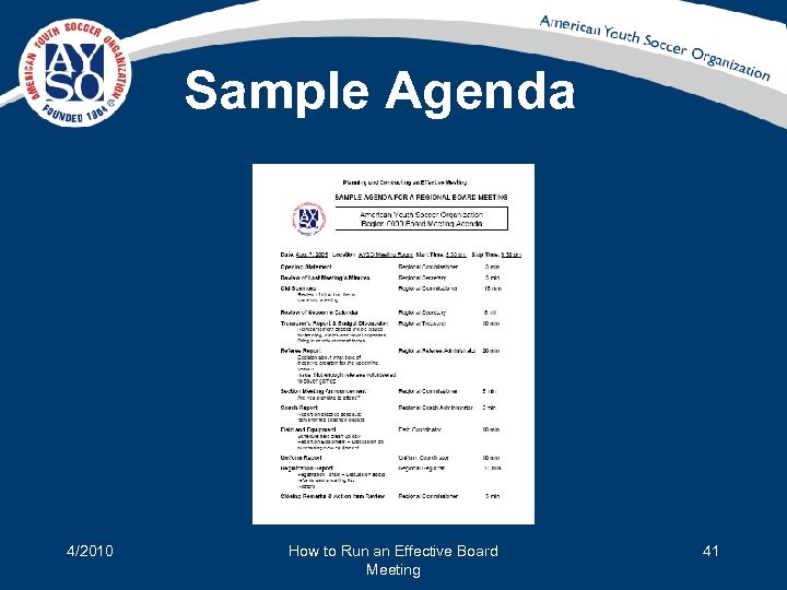 Sample Agenda 4/2010 How to Run an Effective Board Meeting 41 