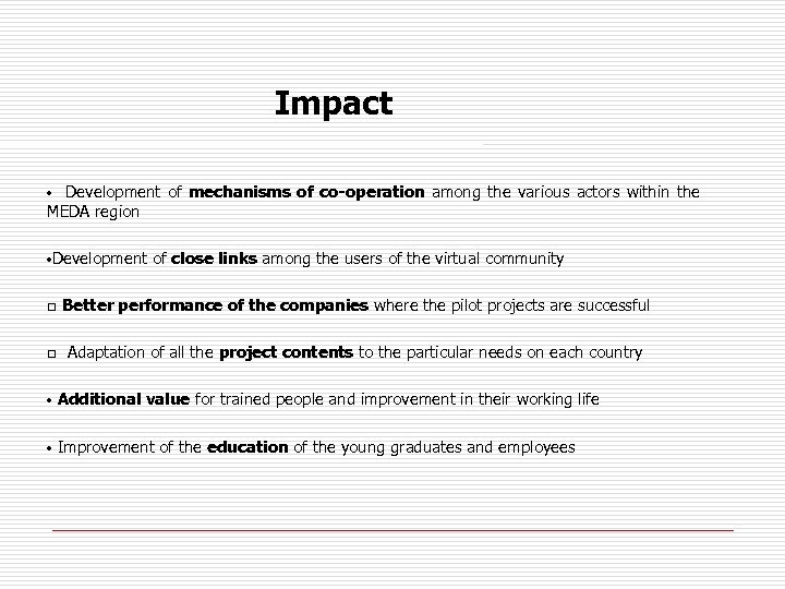 Impact Development of mechanisms of co-operation among the various actors within the MEDA region