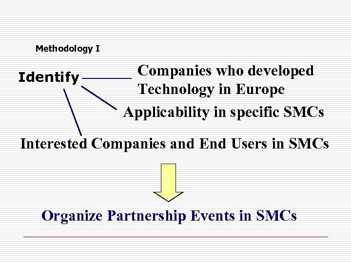 Methodology I Identify Companies who developed Technology in Europe Applicability in specific SMCs Interested