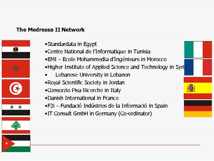 The Medressa II Network • Standardata in Egypt • Centre National de l’Informatique in