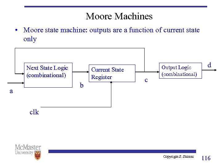 Moore Machines • Moore state machine: outputs are a function of current state only