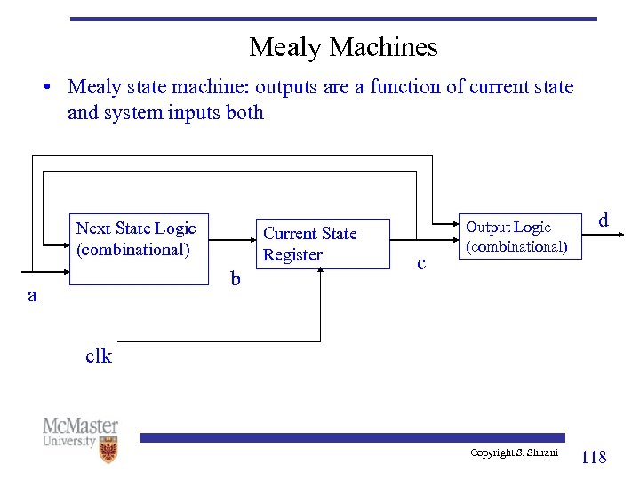 Mealy Machines • Mealy state machine: outputs are a function of current state and