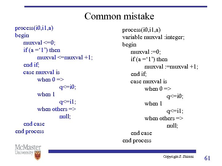 Common mistake process(i 0, i 1, a) begin muxval <=0; if (a =‘ 1’)
