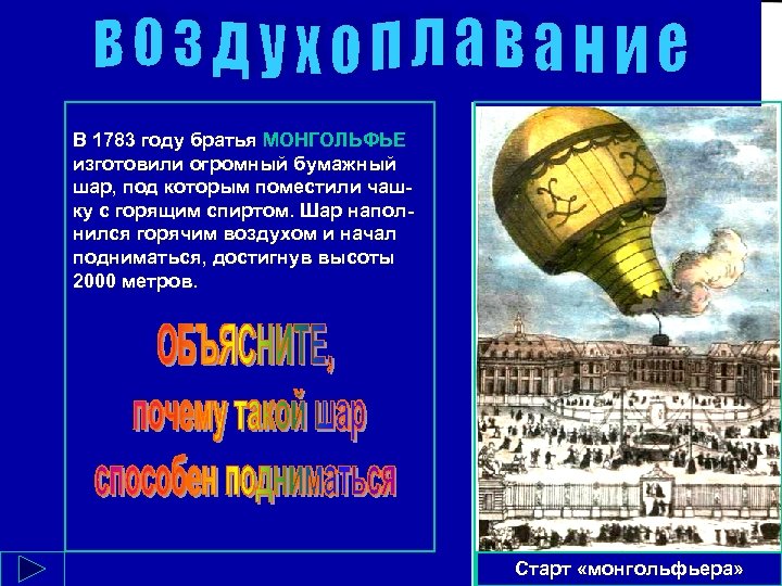 В 1783 году братья МОНГОЛЬФЬЕ изготовили огромный бумажный шар, под которым поместили чашку с