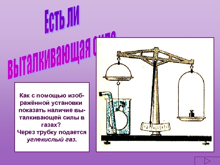 Как с помощью изображённой установки показать наличие выталкивающей силы в газах? Через трубку подается