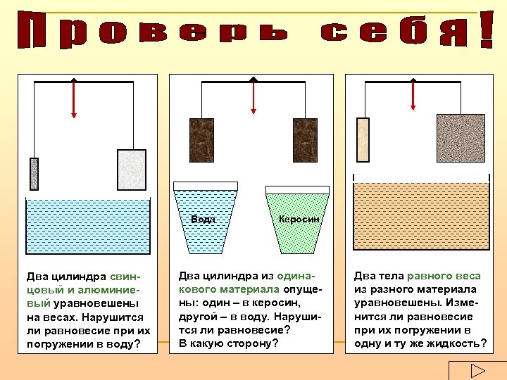 Вода Два цилиндра свинцовый и алюминиевый уравновешены на весах. Нарушится ли равновесие при их