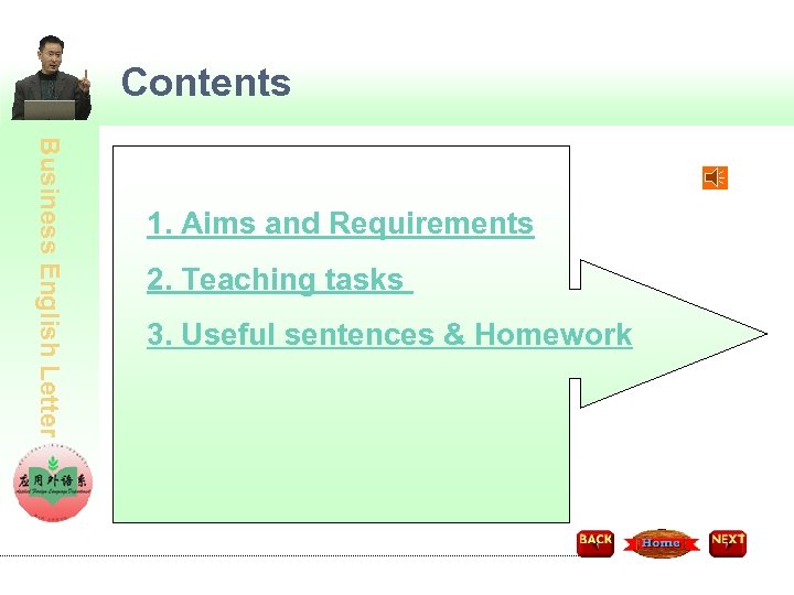 Contents Business English Letter 1. Aims and Requirements 2. Teaching tasks 3. Useful sentences