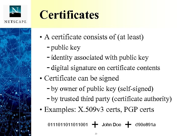 Certificates • A certificate consists of (at least) - public key - identity associated