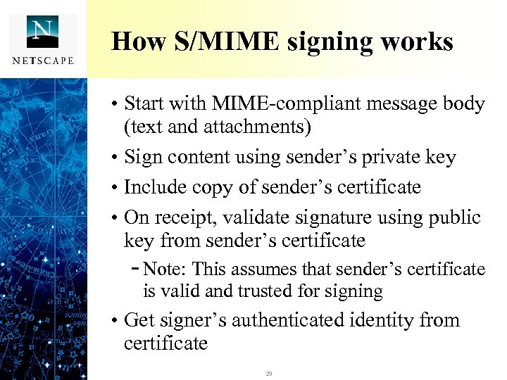 How S/MIME signing works • Start with MIME-compliant message body (text and attachments) •