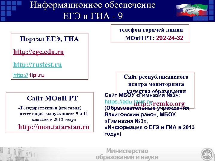 Информационное обеспечение ЕГЭ и ГИА - 9 Портал ЕГЭ, ГИА телефон горячей линии МОи.