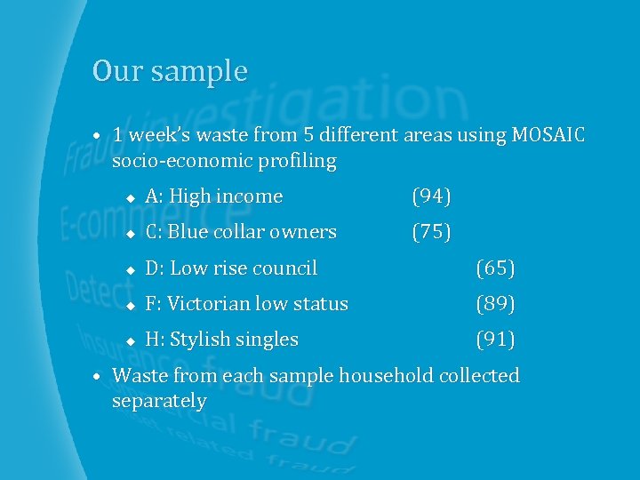 Our sample • 1 week’s waste from 5 different areas using MOSAIC socio-economic profiling