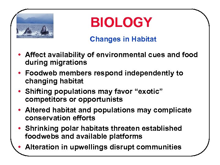 BIOLOGY Changes in Habitat • Affect availability of environmental cues and food during migrations