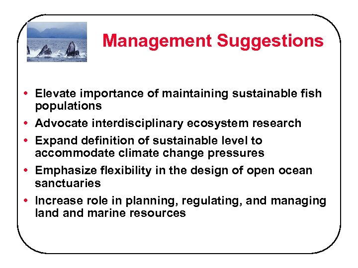 Management Suggestions • Elevate importance of maintaining sustainable fish populations • Advocate interdisciplinary ecosystem