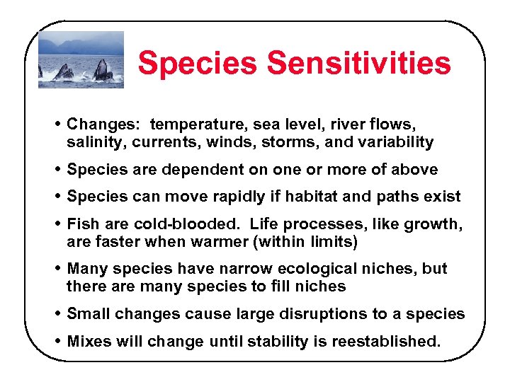 Species Sensitivities • Changes: temperature, sea level, river flows, salinity, currents, winds, storms, and
