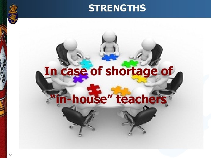 STRENGTHS In case of shortage of “in-house” teachers 17 