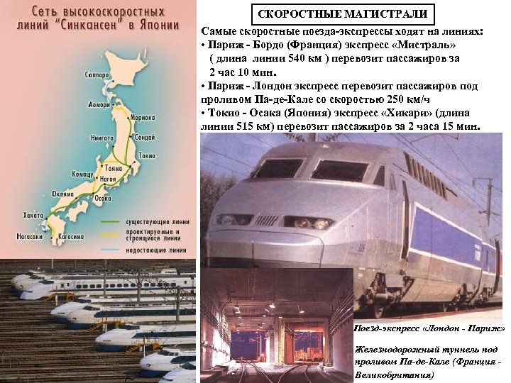 СКОРОСТНЫЕ МАГИСТРАЛИ Самые скоростные поезда-экспрессы ходят на линиях: • Париж - Бордо (Франция) экспресс