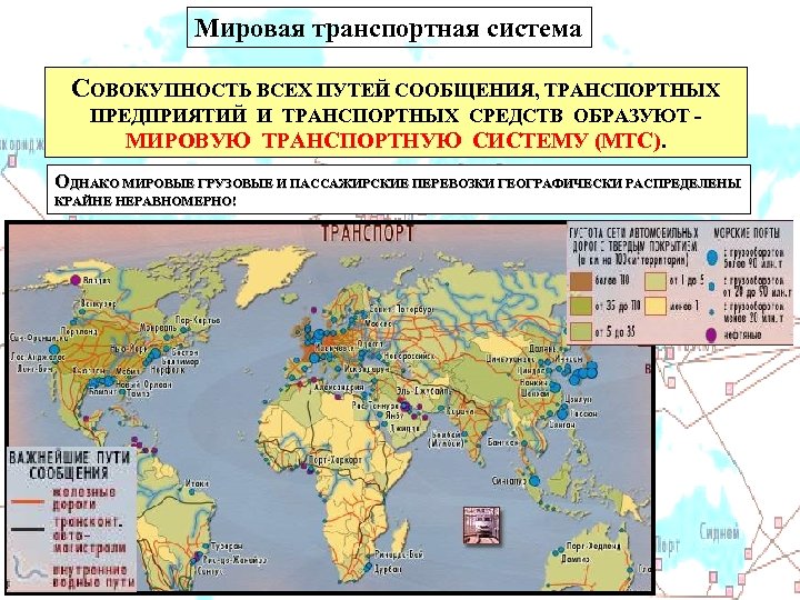 Мировая транспортная система СОВОКУПНОСТЬ ВСЕХ ПУТЕЙ СООБЩЕНИЯ, ТРАНСПОРТНЫХ ПРЕДПРИЯТИЙ И ТРАНСПОРТНЫХ СРЕДСТВ ОБРАЗУЮТ МИРОВУЮ