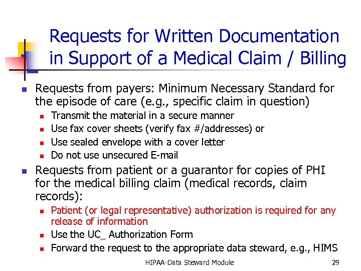 Requests for Written Documentation in Support of a Medical Claim / Billing n Requests