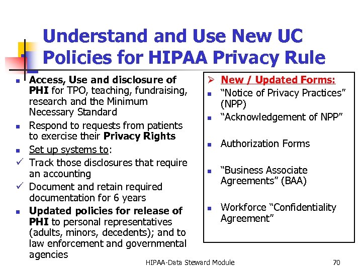 Understand Use New UC Policies for HIPAA Privacy Rule Access, Use and disclosure of