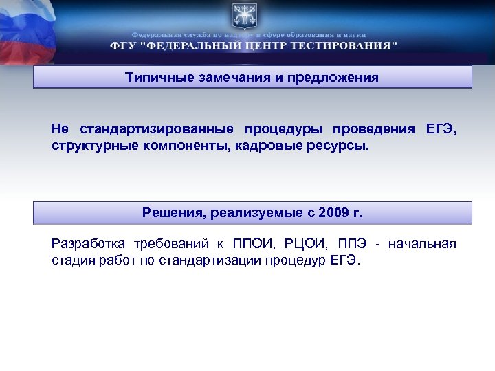 Типичные замечания и предложения Не стандартизированные процедуры проведения ЕГЭ, структурные компоненты, кадровые ресурсы. Решения,