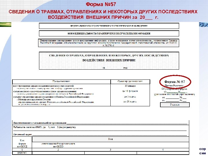 Форма № 57 СВЕДЕНИЯ О ТРАВМАХ, ОТРАВЛЕНИЯХ И НЕКОТОРЫХ ДРУГИХ ПОСЛЕДСТВИЯХ ВОЗДЕЙСТВИЯ ВНЕШНИХ ПРИЧИН