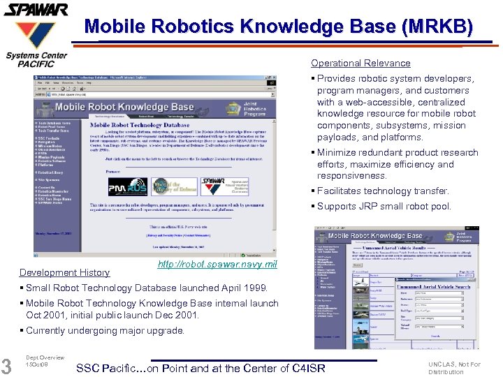 Mobile Robotics Knowledge Base (MRKB) Operational Relevance § Provides robotic system developers, program managers,