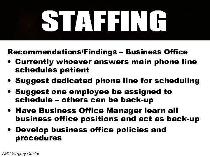 Recommendations/Findings – Business Office • Currently whoever answers main phone line schedules patient •