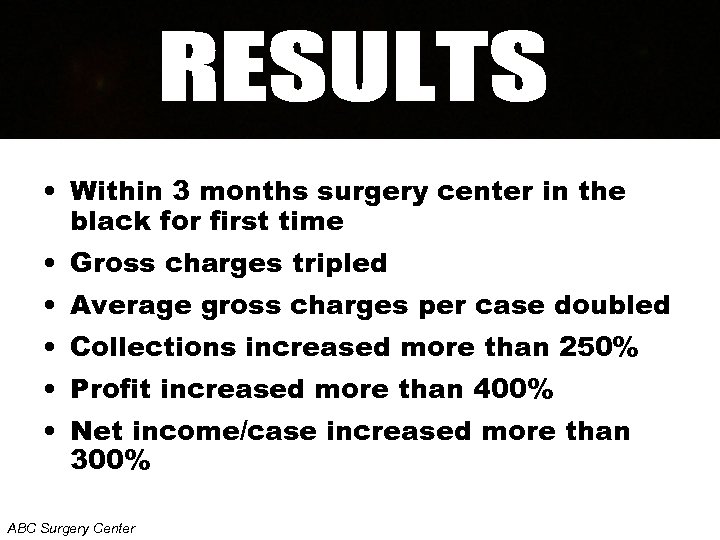  • Within 3 months surgery center in the black for first time •