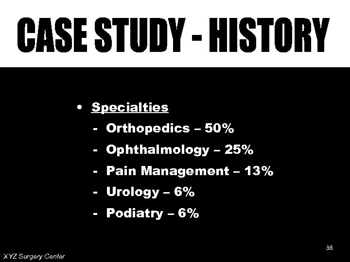  • Specialties - Orthopedics – 50% - Ophthalmology – 25% - Pain Management