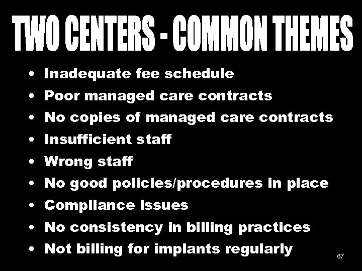  • Inadequate fee schedule • Poor managed care contracts • No copies of