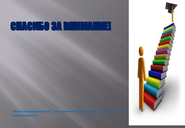 СПАСИБО ЗА ВНИМАНИЕ! Использованы материалы : распоряжения № 349 от 03. 15 г. ,