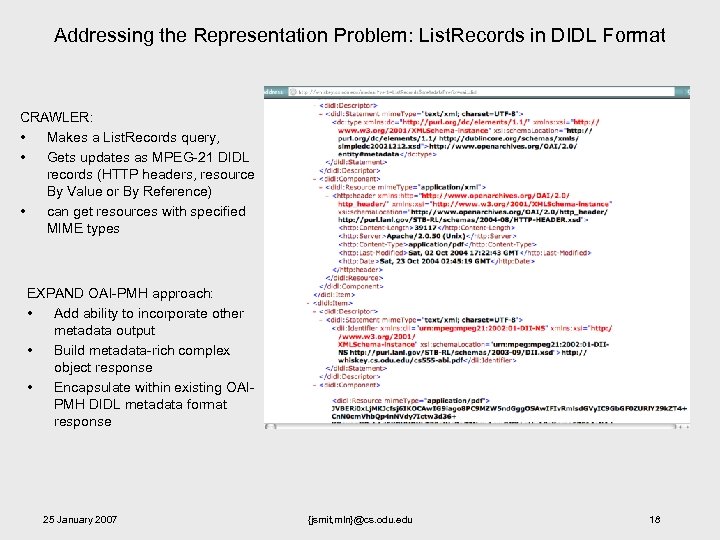 Addressing the Representation Problem: List. Records in DIDL Format CRAWLER: • Makes a List.