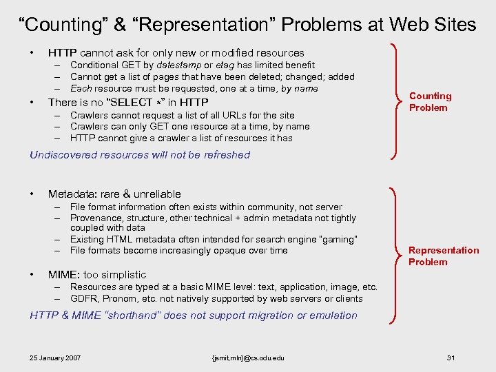 “Counting” & “Representation” Problems at Web Sites • HTTP cannot ask for only new