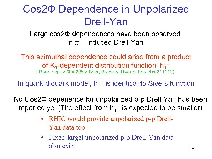 Cos 2 Ф Dependence in Unpolarized Drell-Yan Large cos 2 Ф dependences have been
