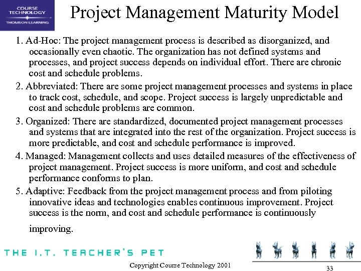 Project Management Maturity Model 1. Ad-Hoc: The project management process is described as disorganized,