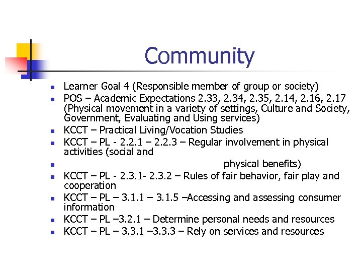Community n n n n n Learner Goal 4 (Responsible member of group or