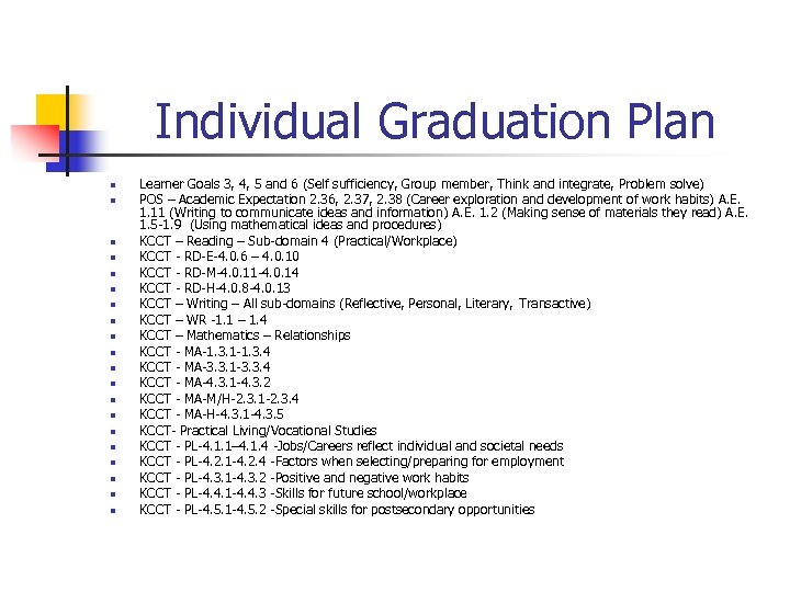 Individual Graduation Plan n n n n n Learner Goals 3, 4, 5 and