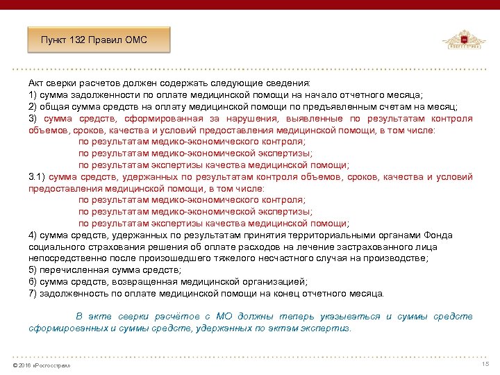 Пункт 132 Правил ОМС Акт сверки расчетов должен содержать следующие сведения: 1) сумма задолженности
