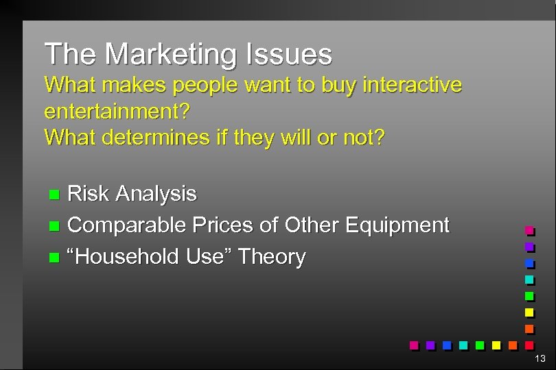 The Marketing Issues What makes people want to buy interactive entertainment? What determines if