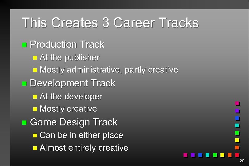 This Creates 3 Career Tracks n Production Track n At the publisher n Mostly