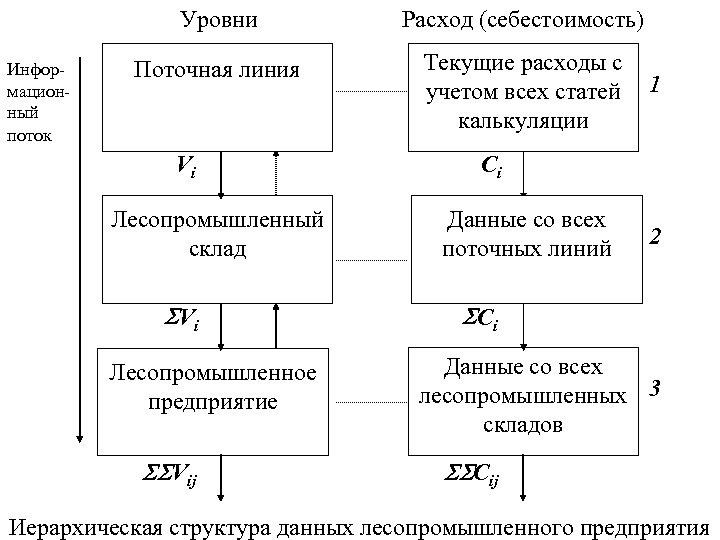 Уровни Информационный поток Поточная линия Vi Лесопромышленный склад Vi Лесопромышленное предприятие Vij Расход (себестоимость)