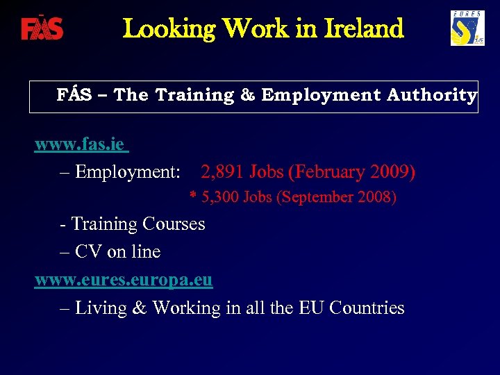 Looking Work in Ireland FÁS – The Training & Employment Authority www. fas. ie