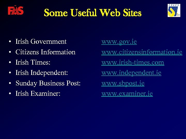 Some Useful Web Sites • • • Irish Government Citizens Information Irish Times: Irish