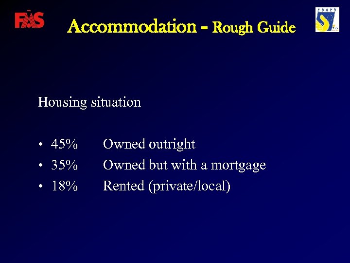 Accommodation - Rough Guide Housing situation • 45% • 35% • 18% Owned outright